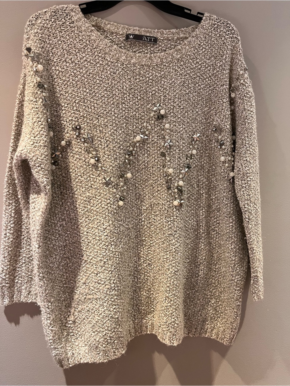 Embellished Crewneck Sweater in Beige